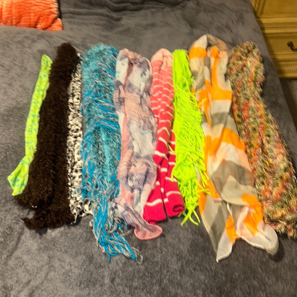 9 wrap around scarves, multi color, multi texture, multi fabric
